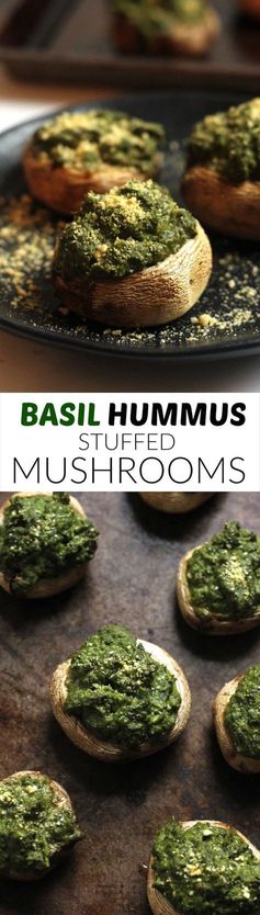 Vegan Basil Hummus Stuffed Mushrooms