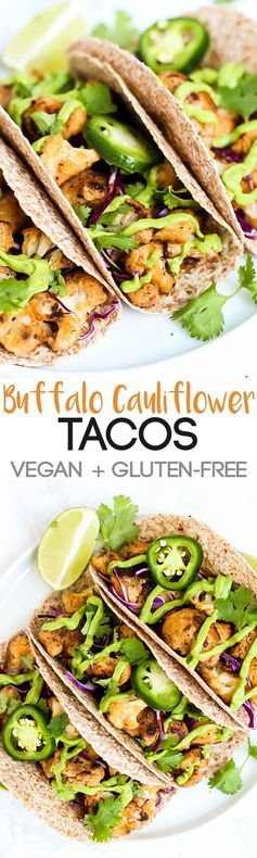 Vegan Buffalo Cauliflower Tacos with Avocado Cilantro Sauce