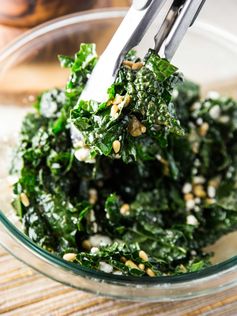 Warm Kale Salad with Goat Cheese, Pine Nuts and Sweet Onion Balsamic Dressing