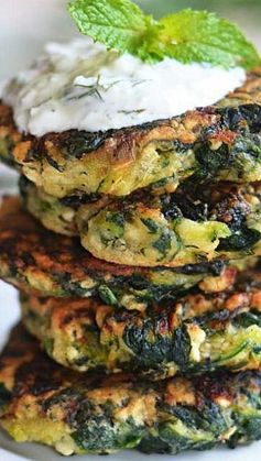 Zucchini, Feta, and Spinach Fritters with Garlic Tzatziki