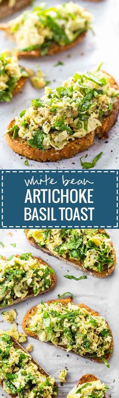 10 Minute White Bean Artichoke Basil Toasts