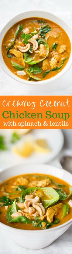 Creamy Coconut Chicken Soup with Spinach and Lentils