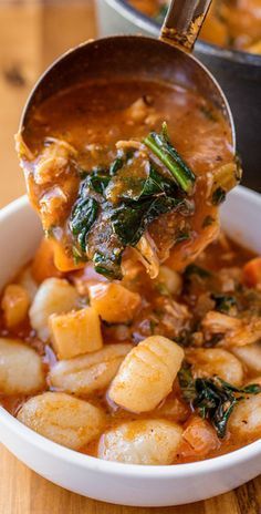 Hearty Italian Chicken and Autumn Veggie Soup with Roasted Garlic and Tomato Broth over Gnocchi