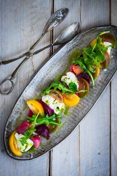 Heirloom tomato, Beet & Burrata salad w/ Basil oil