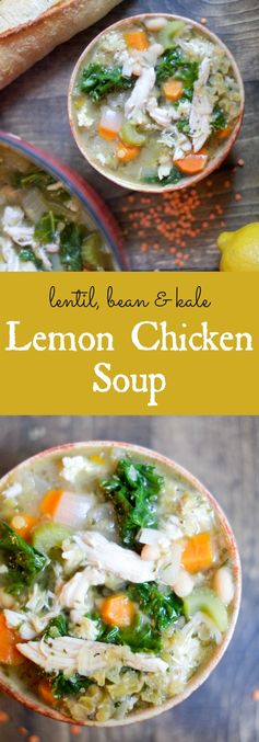 Lemon Chicken Soup with Lentils, Kale, & Beans