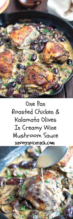 Marinated Roasted Chicken in a Wine Mushroom Cream Sauce Topped with Kalamata Olives