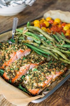 One Sheet Pan Herb Crusted Salmon with Garlicky Green Beans & Heirloom Cherry Tomatoes