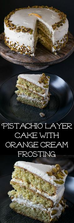 Pistachio layer cake with orange cream frosting