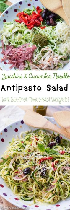 Zucchini Noodle Antipasto Salad (with Sun-Dried Tomato-Basil Vinaigrette