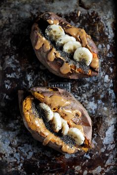 Breakfast Baked Sweet Potatoes with Almond Butter, Banana & Chia