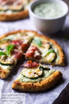 Cauliflower Pizza with Greek Yogurt Pesto & Grilled Veggies