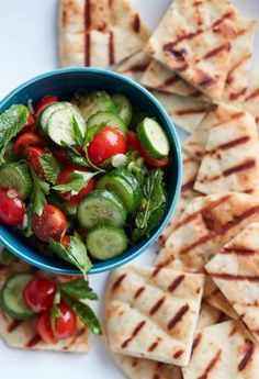 Cucumber Tomato Salad with Garlic and Herb Grilled Naan