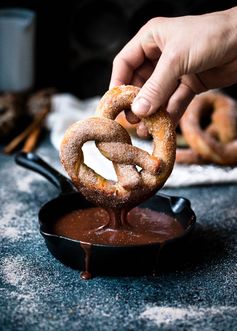 Giant Cinnamon Sugar Pretzels with Hot Fudge Dipping Sauce