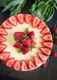 Goat Cheese Cheesecake with Strawberries, Basil & Balsamic