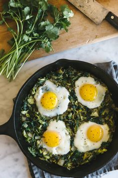 Green Shakshuka with Shaved Brussel Sprouts and Spinach