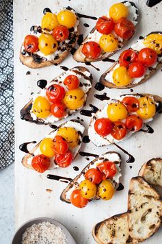 Grilled Mascarpone & Goat Cheese Crostini w/ Burst Tomatoes & Balsamic Glaze