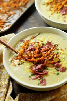 Irish Baked Potato Soup with Corned Beef and Crispy Leeks