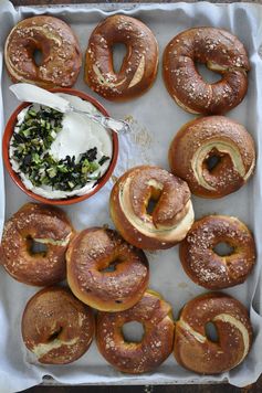 Jalapeño Pretzel Bagels with Charred Scallion Cream Cheese