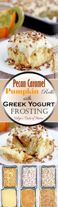 Pecan Caramel Pumpkin Rolls with Greek Yogurt Frosting