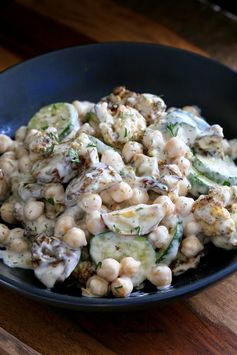 Potato Cauliflower Chickpea Salad with Vegan Sour Cream & Onion Dressing