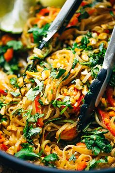 Rainbow Vegetarian Pad Thai with Peanuts and Basil