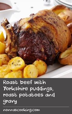 Roast beef with Yorkshire puddings, roast potatoes and gravy