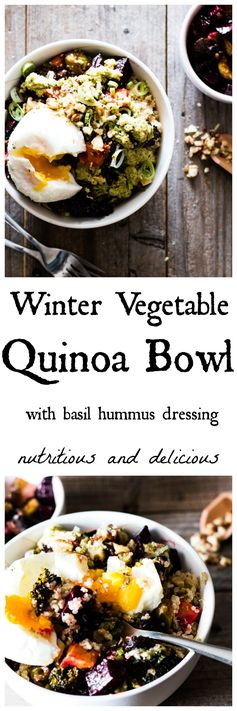 Roasted Winter Vegetable Quinoa Bowl with Basil Hummus Sauce