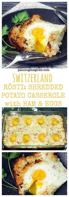 Rosti: shredded potato casserole with baked eggs