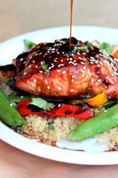 Sesame Ginger Sweet Teriyaki Salmon with Garlic Quinoa Stir-fry