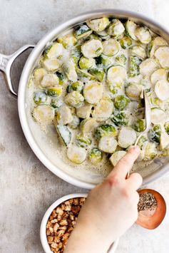 Simmered Brussels Sprouts in Cream with Black Pepper Breadcrumbs