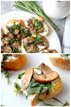 Simple herb roasted mushroom + whipped goat cheese crostini