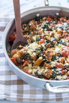 Skillet Tomato Casserole with White Beans and Parmesan Croutons