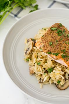 Spiralized Mushroom Turnip Risotto with Dijon-Honey Salmon