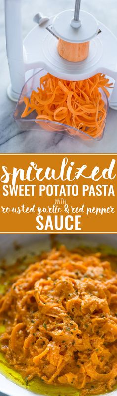 Spiralized Sweet Potato Pasta with Roasted Garlic Red Pepper Sauce