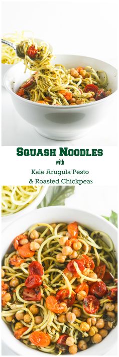 Squash Noodles with Kale Arugula Pesto and Roasted Chickpeas