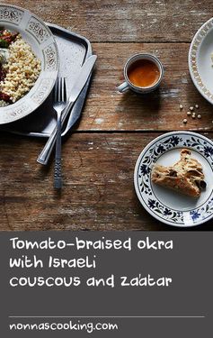 Tomato-braised okra with Israeli couscous and za'atar