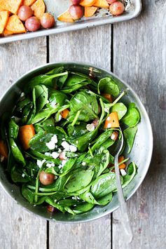 Warm Spinach Salad with Roasted Grapes and Sweet Potatoes