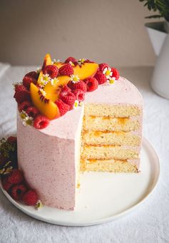 Almond Layer Cake with Peach + Mascarpone Filling & Raspberry Buttercream