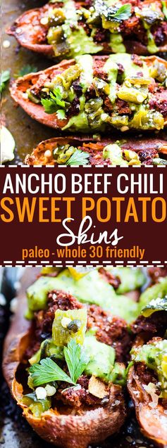 Ancho Beef Chili Stuffed Sweet Potato Skins (Paleo