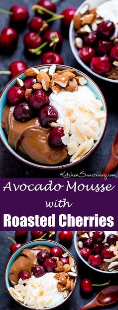 Avocado chocolate mousse bowl with roasted cherries