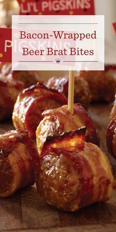 Bacon-wrapped beer brat bites