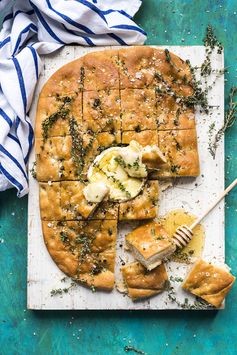 Baked Camembert Focaccia with Dukkah and Honey