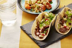 Beef Tacos & Radish Salsa with Spicy Sweet Potato Wedges