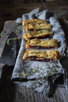 Beet, caramelised onion & gorgonzola flat pies