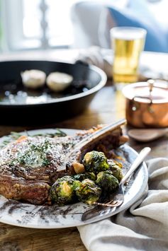 Bone-In Ribeye with Caramelized Onions & Fried Brussels Sprouts