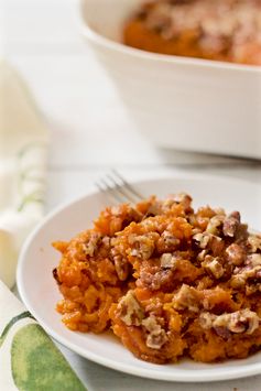 Bourbon sweet potato casserole with buttery pecans