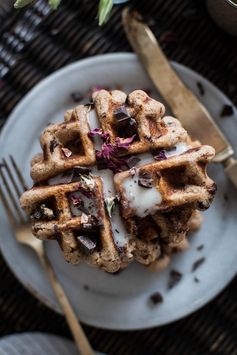 Breakfast in bed | vegan rose + chocolate chip spelt waffles