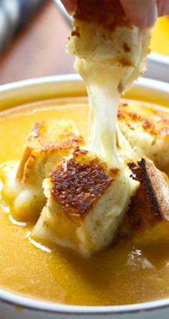 Butternut Squash, Apple Cider and Cheddar Soup with Roasted Garlic Cheddar Grilled Cheese Croutons