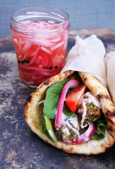 Chickpea & Broad Bean Falafels with Pickled Red Onions & Lemon Tahini Sauce