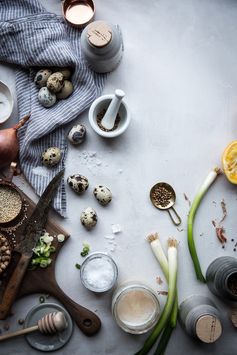 Chickpea + quinoa salad with miso lemon vinaigrette & quail eggs